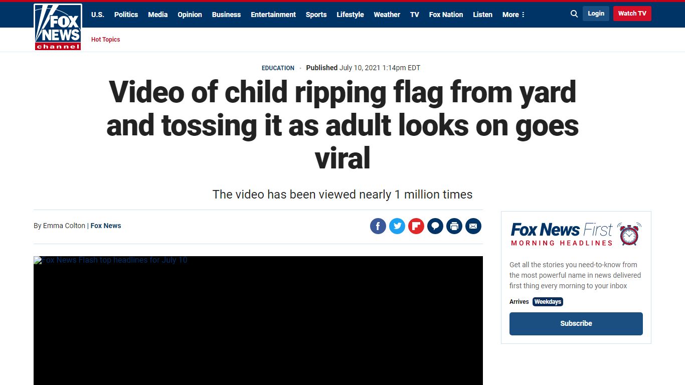 Video of child ripping flag from yard and tossing it as adult looks on ...